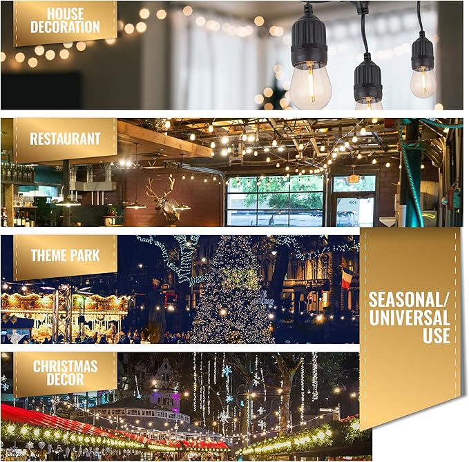 Aurio 48ft Waterproof Outdoor String Lights with Hanging Vintage LED Edison Bulbs - Commercial Grade Patio Lights for Cafe Ambiance - 36 in Light Spacing