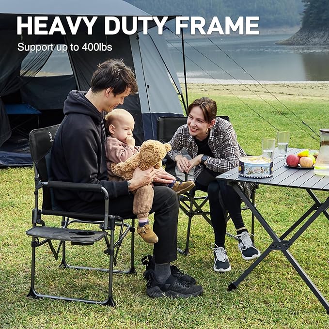EVER ADVANCED Camping Directors' Chair with Side Table Portable Folding with Compact Size Heavy Duty Lawn Chair with Pocket for Camping Lawn Sports and Fishing 400lbs Black 2 Pack