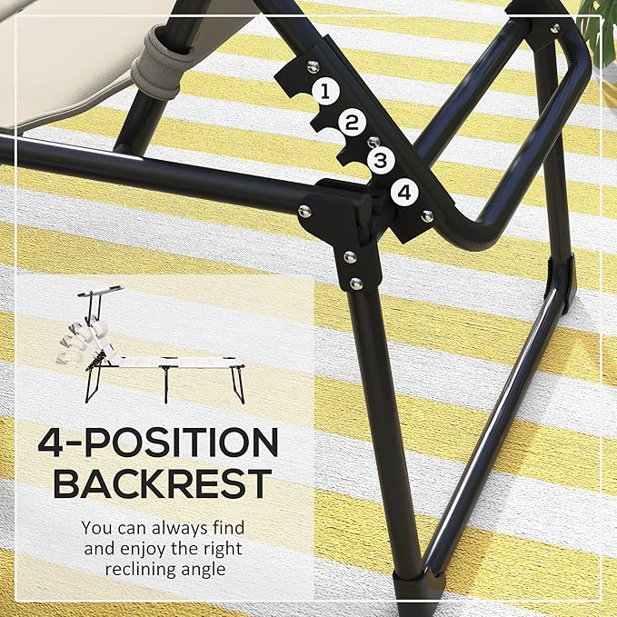 2 Pcs Outdoor Lounge Chair Adjustable Backrest Folding Chaise Lounge Cushioned Tanning Chair w Sunshade Roof Pillow Headrest for Beach Camping Hiking Cream White