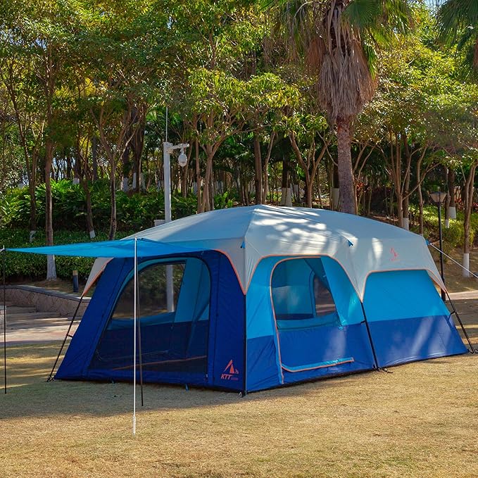 KTT Extra Large Tent 10-12-14 Person(Style-B)Family Cabin Tents2 Rooms3 Doors and 3 Windows with MeshStraight WallWaterproofDouble LayerBig Tent for OutdoorPicnicCampingFamily Gathering