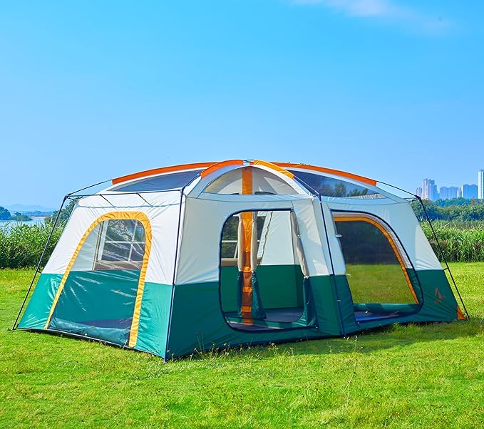 KTT Extra Large Tent 12-14 PersonFamily Cabin Tents2 RoomsStraight Wall2 Doors 4 Windows with MeshWaterproofStraight WallBig Tent for OutdoorPicnicCampingGathering(Brown)