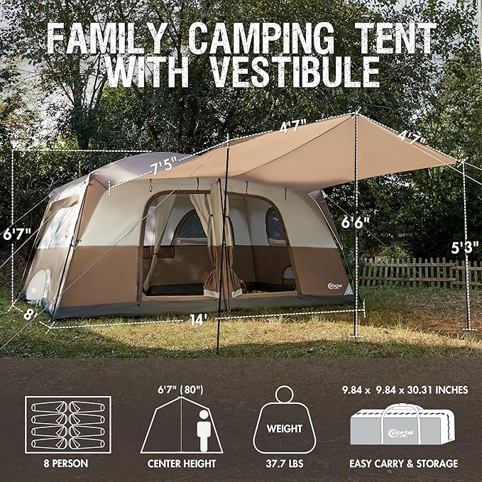PORTAL 8 Person Tents for Camping Easy Setup Cabin Tent with Large Porch 2 Room Waterproof Family Camping Tent for Outdoor Camping Patio