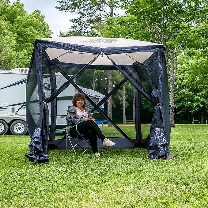 CLAM Pop Up Screen Tent 6' x 6' Outdoor Camping Gazebo Portable 4-Sided Canopy with Ground Stakes &amp Carry Bag Traveler Blue