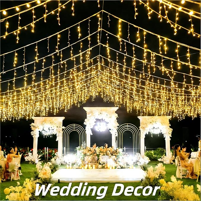 612 LED String lights Indoor Outdoor 60ft Christmas Window Lights with 136 Drops 12 Modes Dimmable Curtain Lights Fairy Lights for Bedroom Holiday Wedding Party Home Xmas Decorations Warm White