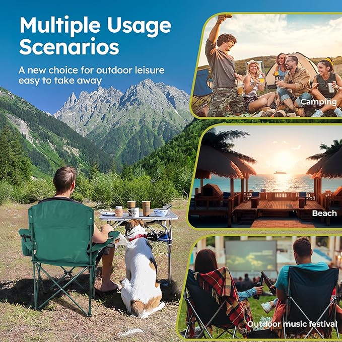 ALPHA CAMP Camping Chair 2 Pack Portable Chair with 3-Can Cooler Folding Chair with Side Pocket and Cup Holder Collapsible for Camping Tailgates Beach Fishing and Sports2PC