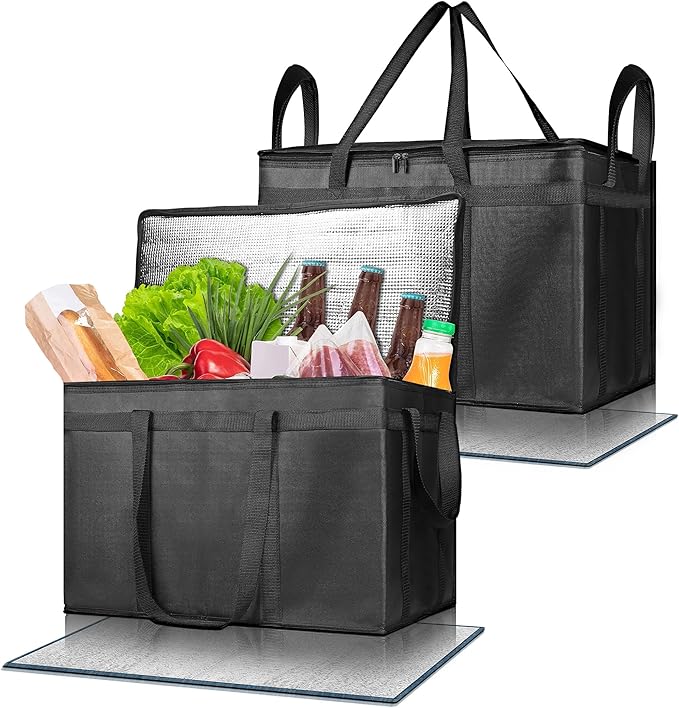 Pack of 2 Insulated Food Delivery Bag with Hard Bottom XXXL Large Reusable Thermal Cooler Grocery Tote Bag Commercial Pizza Delivery Box Carrier for Uber Eat Door Dash Essentials Hot and Cold Food