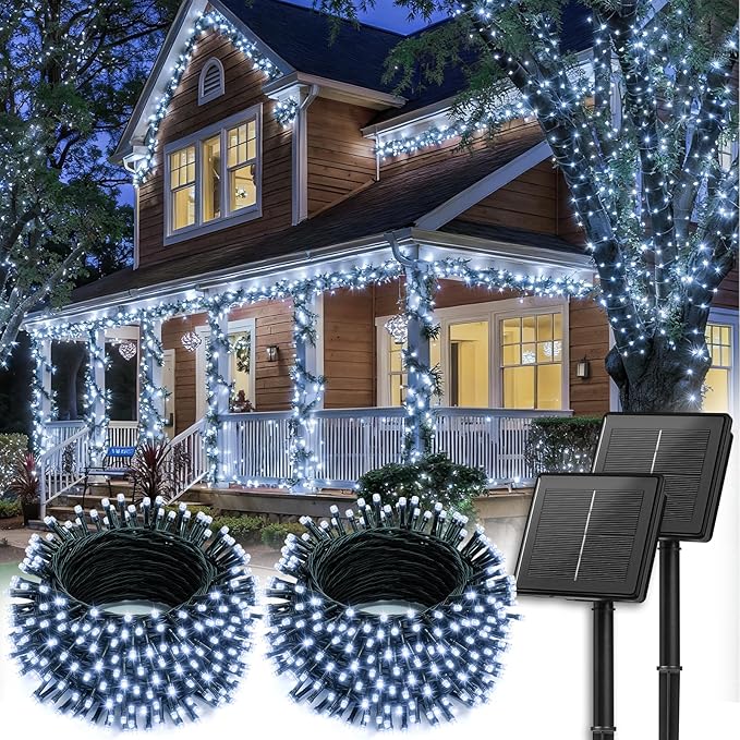 Brightown 2 Pack Solar Christmas String Lights Outdoor Total 144Ft 400 LED Twinkle Fairy Lights Waterproof with 8 Modes Auto On/Off for Patio Tree Garden Party Home Wedding Decorations (Cool White)