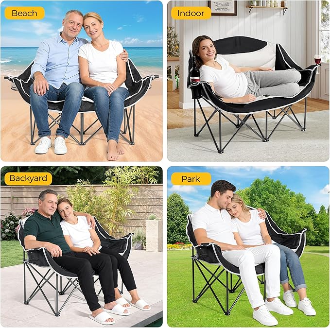 Double Camping ChairsOversized Foldable Camping Chairs with Cup Holders Heavy Duty Loveseat Couch for Adults Suitable for Indoor Outdoor Beach Support 600 lbs（Black/White）