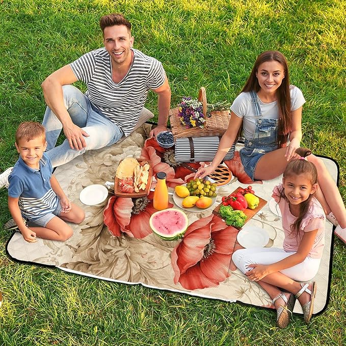 Zipper Poppies and Lace Style Picnic Mat Suitable for Travel Camping Park Or Home Use