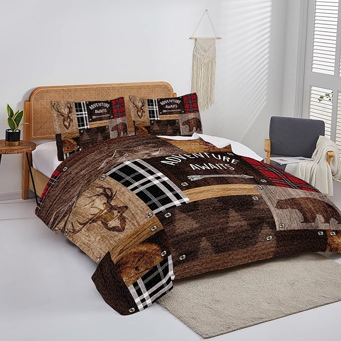 Personalized Happy Camper Quilt - Adventure Awaits Hunting Rustic Checkers Camping Quilt Set Camping Bedding Queen Camping Bedding Camping Blankets for Sleeping