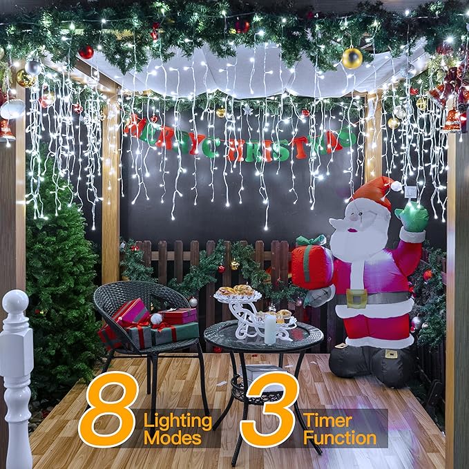 Ollny Icicle Lights Outdoor Cool White 600LED 49FT Christmas Lights with Remote 8 Modes Dimmable Waterproof Connectable Timer Hanging Light for House Outside Yard Indoor Decorations