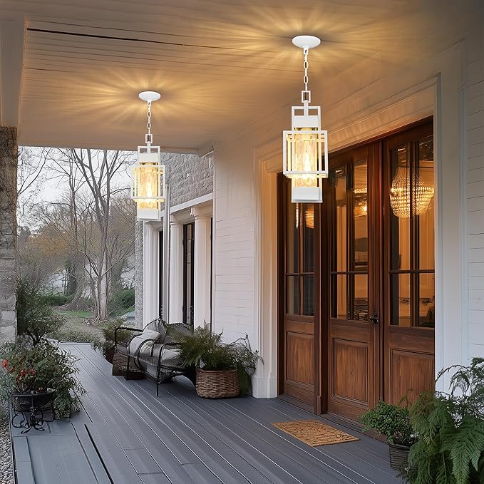 PARTPHONER 15 Outdoor Indoor Pendant Light Exterior Hanging Lantern Modern Metal Outside Chandelier Light Fixture Ceiling Mount with Water Glass for Front Porch Entrance Foyer Entryway White