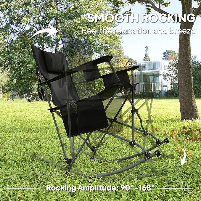Outsunny Folding Rocking Camping Chairs for Adults Portable Outdoor Rocking Chairs with Headrest Cooler Bag Cup Holder Carry Bag for Picnic Outside and Outdoor Travel 2 Pack Black