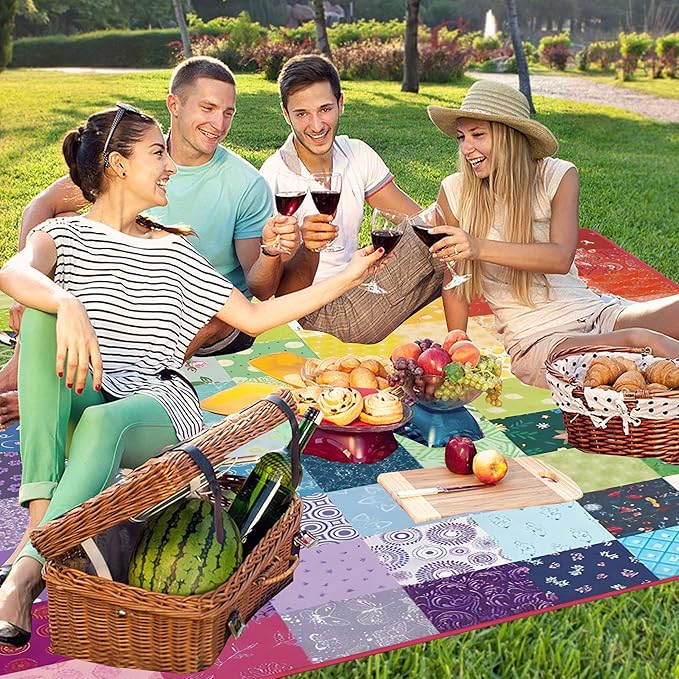 Extra Large Picnic Blankets Waterproof Foldable (80x 80) Boho Beach Blanket Waterproof Sandproof3-Layer Thicking Mat Outdoor Packable Camping Blanket