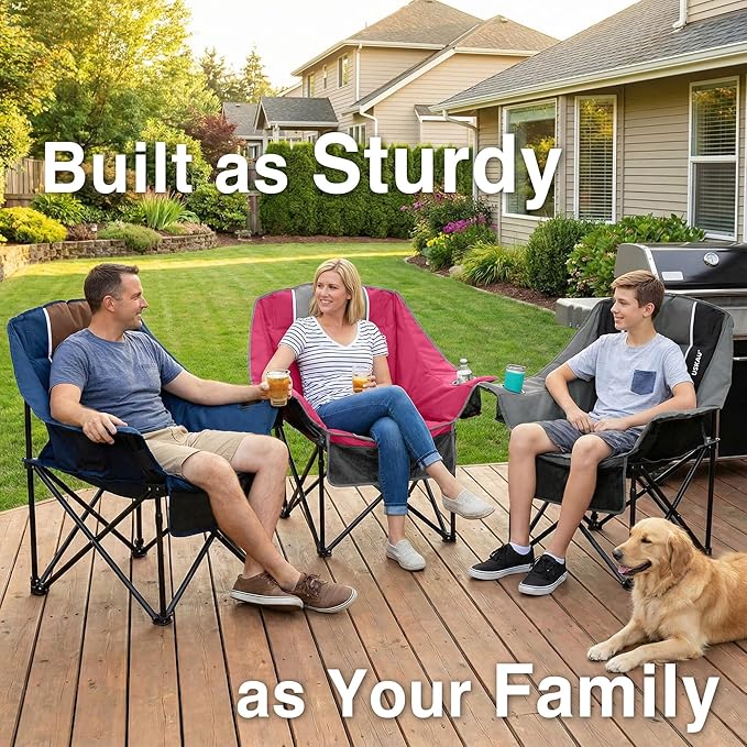 Oversized Camping Chair for Adults - Heavy Duty 400 lbs Padded Folding Chair with Wine Glass Holder 2 Cup Holders &amp Side Pockets Portable Carry Bag for RV Tailgating Lawn