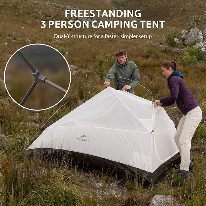 Naturehike Cloud Up 3 Person Backpacking Tent with Footprint - 3 Season Free Standing Lightweight 3 Person Camping Tent | with Footprint Free Standing Dome Camping Hiking Waterproof