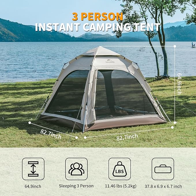 Naturehike Upgraded Ango 3-4 Person Blackout TentInstant Pop up Tents for Camping Waterproof Anti-UV Camping Tent