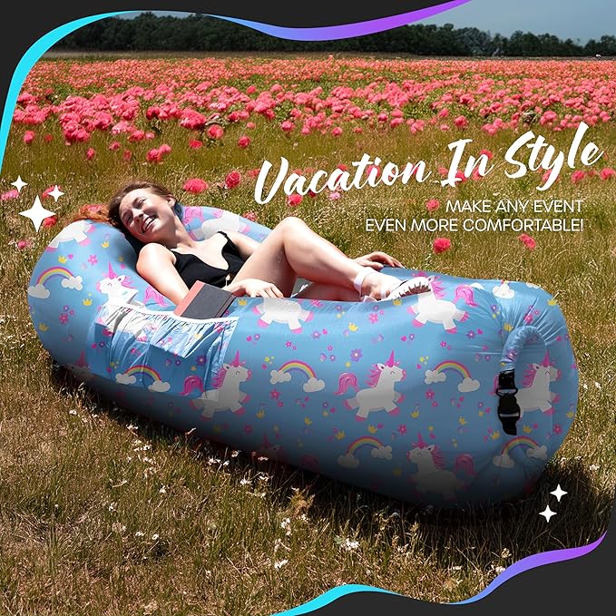 Nevlers Inflatable Lounger – Unicorn | 210T Polyester No-Pump Blow Up Couch Air Lounger | Portable Inflatable Couch for Camping Beach Festivals &amp More | 450 Lbs. Cap Air Chair w/Pockets &amp Ca