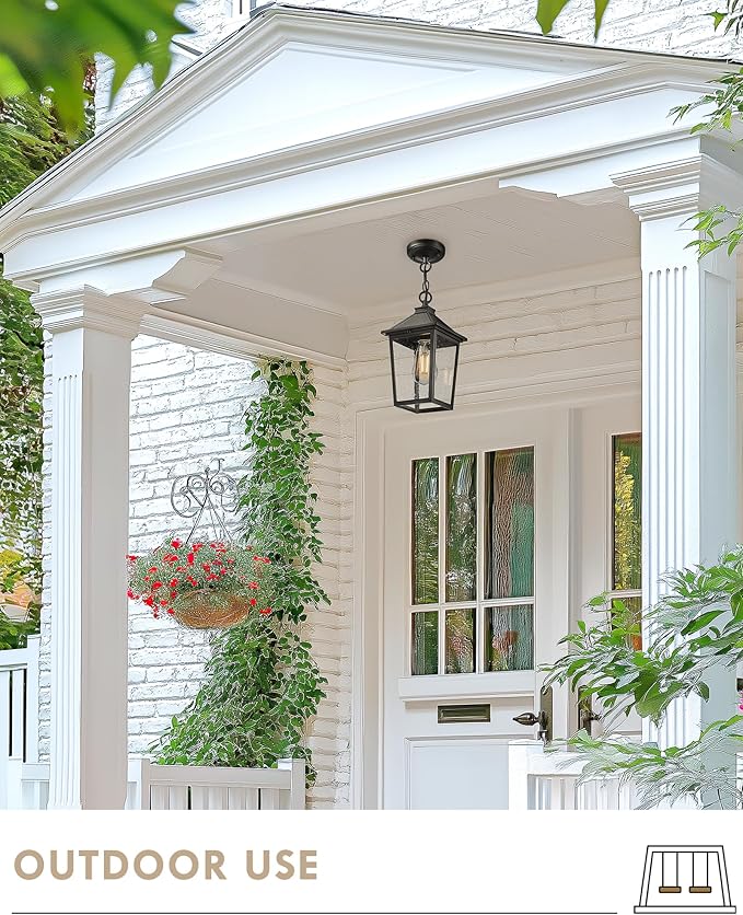 Outdoor Pendant Lights for Porch HWH Exterior Hanging Lantern Farmhouse Outdoor Pendant Light for Gazebo Seeded Glass Shade Matte Black 5HX64HM BK (Large)