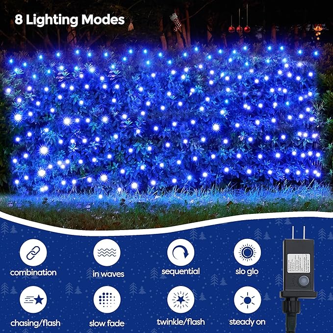 WBao Christmas Net Lights 360LED 11.5ft x 6.9ft Christmas Lights with 8 Modes Timer End to End Connectable Waterproof Design for Lawn Bushes Trees Outdoor Xmas Decorations Blue