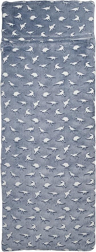 iscream Glow in The Dark 70 x 28.5 Faux Sherpa-Lined Silky Silky Fleece Zippered Sleeping Bag - Dinosaur Friends
