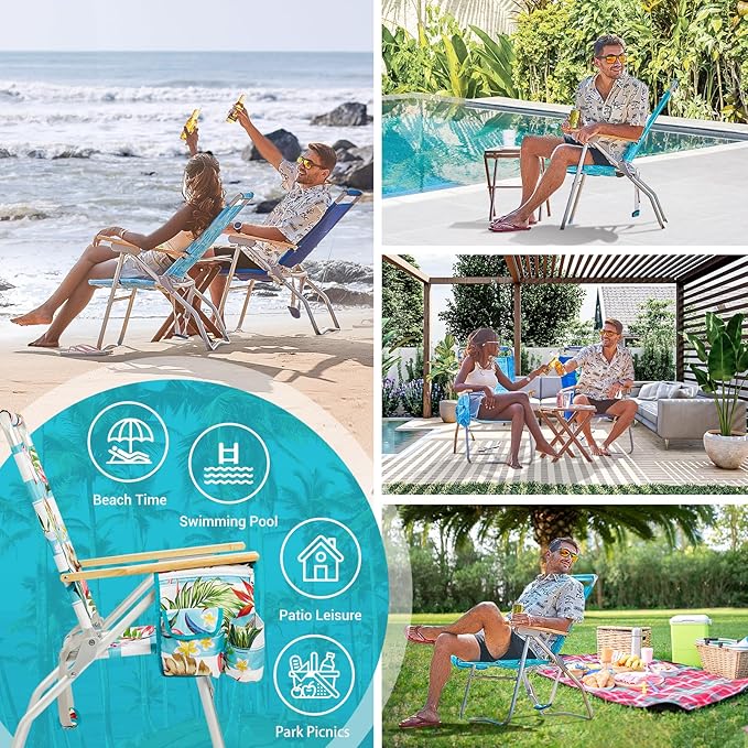 #WEJOY High Back Beach Chair 4 Position Adjustable Heavy Duty Aluminum Folding Backpack Camping Chairs with Wooden Armrest Storage Bag &amp Cup Holders for Outdoor Travel Fishing (Blue White)