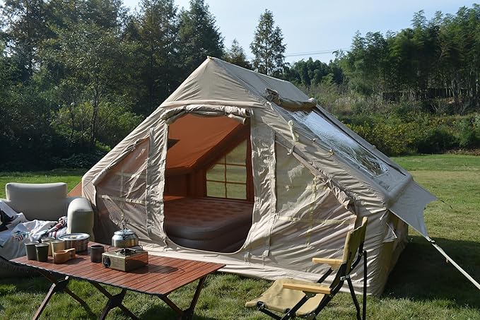 Inflatable Camping Tent Easy Setup 4 Season Glamping Tent Inflatable Structure 4-6 Persons Waterproof Windproof Outdoor Self-Supporting Blow up Tent Air Tent Portable House Beige