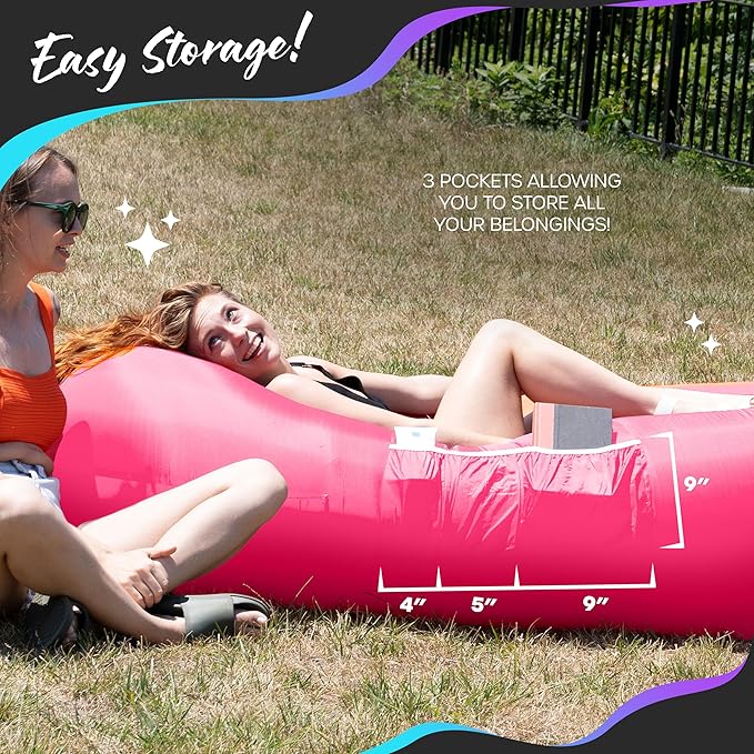Nevlers Blue &amp Pink Inflatable Lounger 2 Pack | 210T Polyester Air Couch | No-Pump Inflatable Couch | Blow Up Chair Set w/ 450 lbs. Capacity Pockets &amp Carry Bags for Use as Beach Accessories