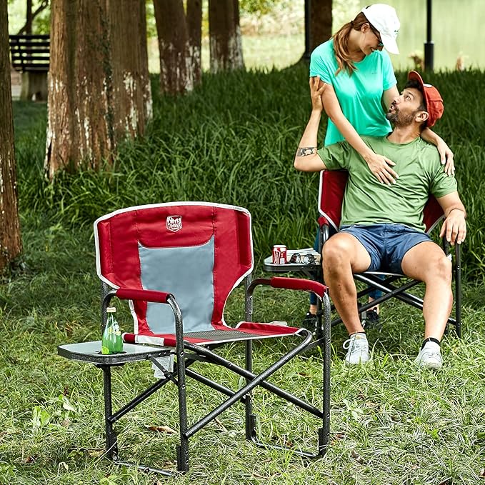 TIMBER RIDGE Lightweight Oversized Camping Chair Aluminum Directors Chair with Side Table for Outdoor Camping Lawn Picnic and Fishing Supports 400lbs Red 2PCS