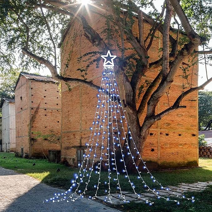 Christmas Decoration Lights Outdoor Christmas String Lights 320 LED 11.5 Ft Waterfall Tree Light with Big Star Topper 8 Light Modes for Xmas New Year Holiday Garden Yard Indoor Outdoor Decor