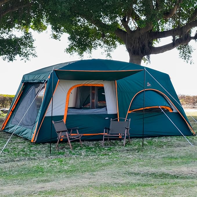 KTT Extra Large Tent 10-12-14 Person(B)Family Cabin Tents2 Rooms3 Doors and 3 Windows with MeshStraight WallWaterproofDouble LayerBig Tent for OutdoorPicnicCampingFamily Gathering