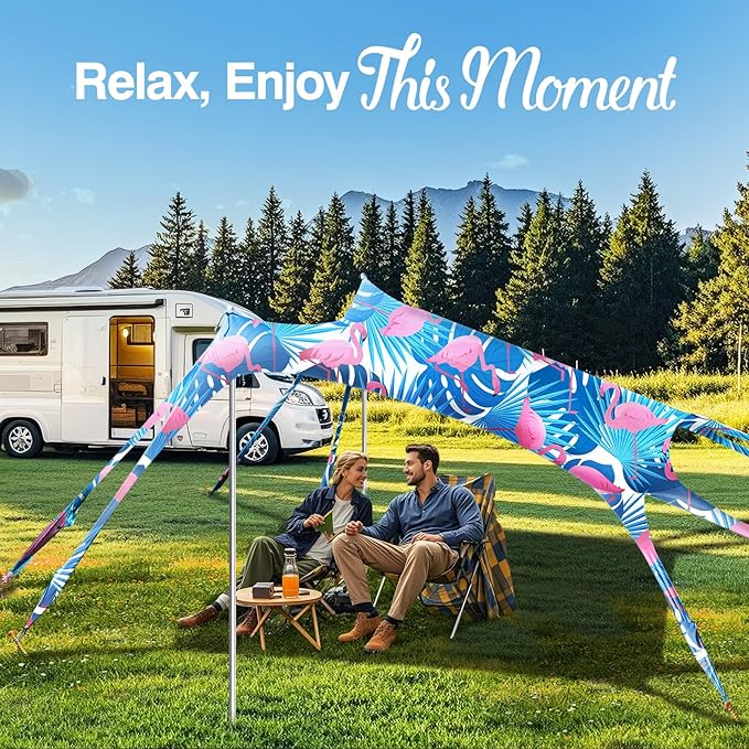 Rhino Valley Beach Tent Shade Canopy UPF50+ Protection 8 Sandbags 4 Stability Poles Outdoor Sun Shelter Umbrella for Sand Camping Fishing Essentials