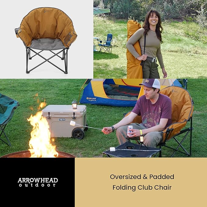 ARROWHEAD OUTDOOR Oversized Heavy-Duty Club Folding Camping Chair with Pocket Cup Holder Portable Padded Moon Round Saucer Supports 330lbs Carrying Bag