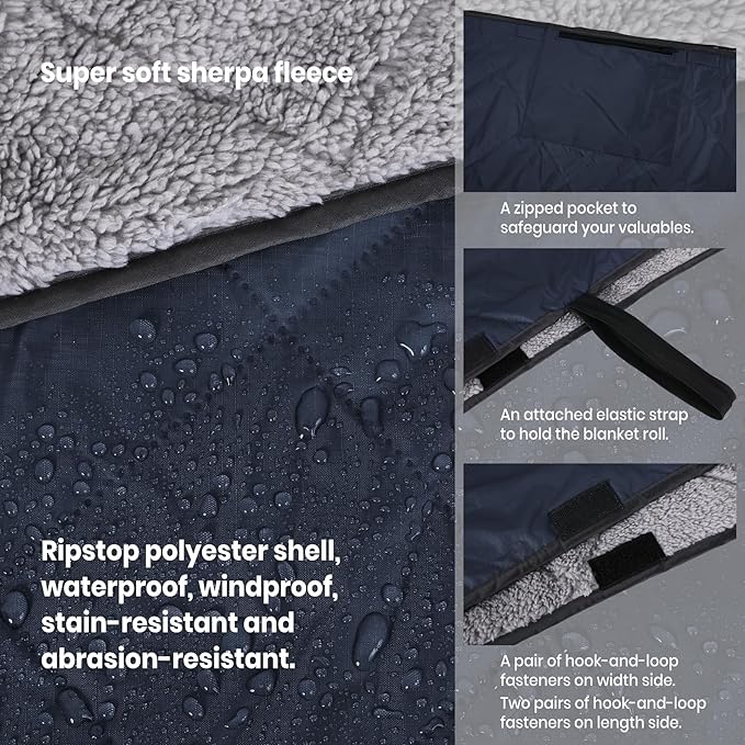 Outdoor/Indoor Sherpa Blanket Oversized Waterproof Stadium Blanket for Cold Weather. Warm Soft Portable Great for Stadium Sports Events Camping Indoor - 82x56in. Royal Blue