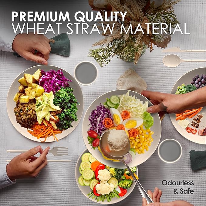 Wheat Straw Dinnerware Sets for 4 - Alternate To Plastic Dinnerware Set - Dishwasher Safe Microwave Plates - Lightweight Wheatstraw Dishes - Unbreakable Camping Plates &amp RV Dishes