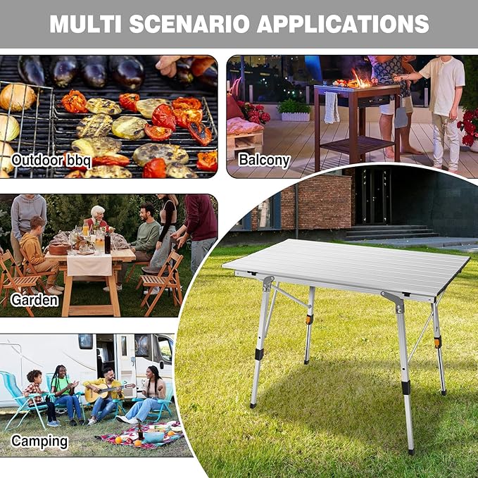 Portable Camping Table with Adjustable Height Legs and Lightweight Aluminum Roll Up for Outdoor Activities Beach Fishing Garden BBQ.