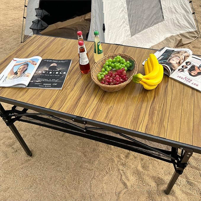 Large Folding Camping Table Aluminum with Storage for 4-6 People 55X27.5 Roll Up Tall Outdoor Portable Table Lightweight with Carry Bag for Picnic BBQ Backyard Beach