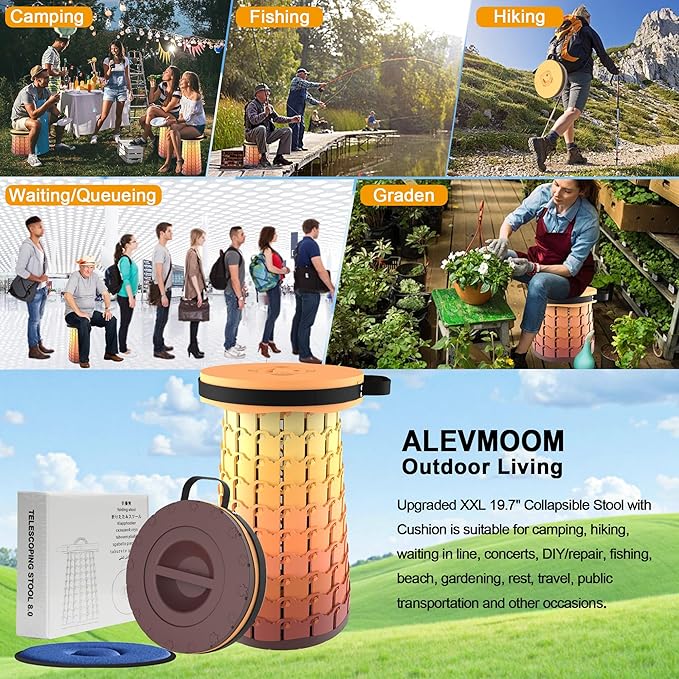 ALEVMOOM Upgraded XXL 19.7 Collapsible Stool with Cushion Heavy Duty Portable Folding Stool Max Load 1000 lbs Retractable Telescoping Foldable Seat Chair for Camping Fishing Travel