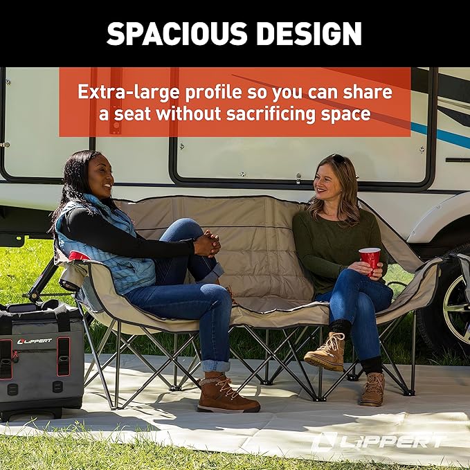 Lippert Campfire Folding Couch - Sand High-Loft Foldable Sofa Dual Cup Holders Power Coated Steel Frame Durable 600D Polyester Fabric for Outdoor Use 500 lb. Capacity 2022114795