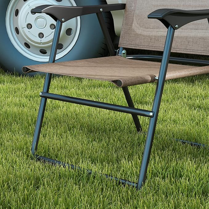 Folding Patio Chairs Set of 4 Sports Chairs for Adults Camping Chairs with Armrests Breathable Mesh Fabric Seat for Lawn Brown
