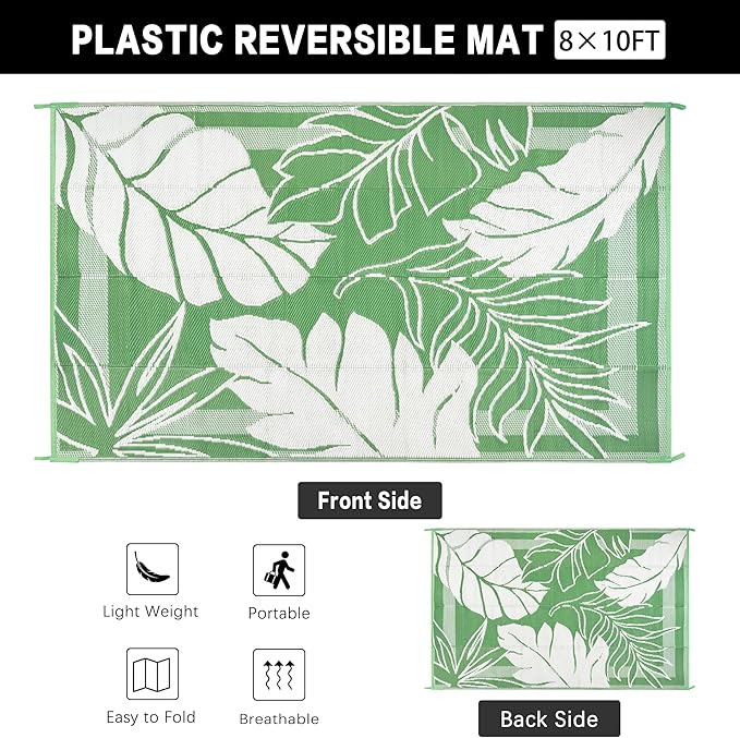 HUGEAR 8'x10' Outdoor Rug Waterproof Plastic Straw Rugs Large Green Reversible Olive Leaf Mat Floor Carpet for Camping RV Deck Entryance Porch Picnic Balcony Beach Backyard