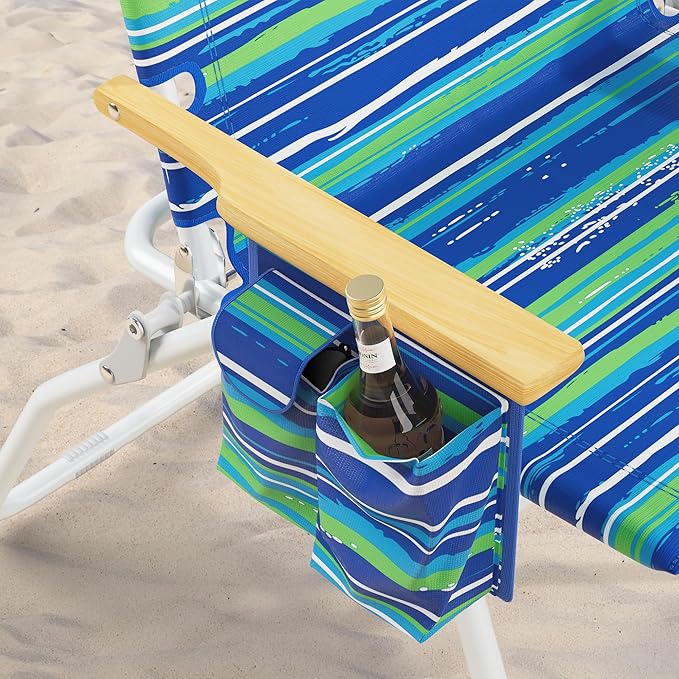 Tall Beach Chairs for Adults 17 High Backpack Beach Chair with Wooden Armrests 5 Positions Reclining Heavy Duty Chair with Large Cooler Pouch Support to 350LBS Striped Blue&ampGreen2pack