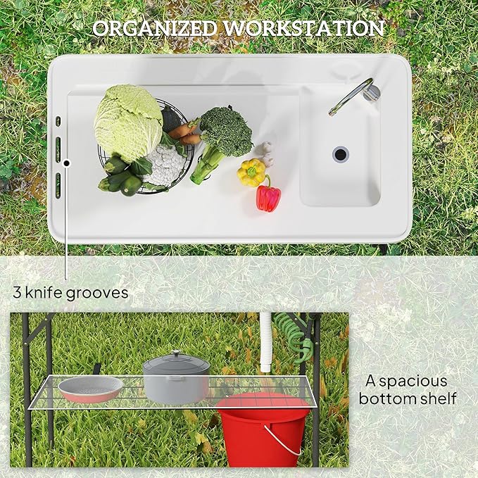 Outsunny Folding Fish Cleaning Table Portable Camping Sink Station with Faucet Drainage Hose Sprayer Grid Rack and Knife Groove Outdoor Fillet Table for Picnic Beach Patio White