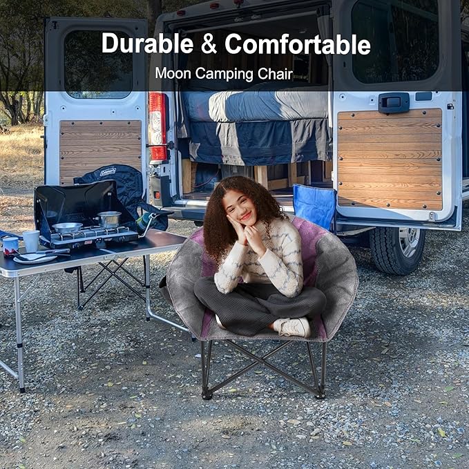 Northroad Compact Camping Moon Chair Outdoor Padded Folding Round Chair w/Cup Holder Supports up to 300 lbs for Beach Hiking Fishing Picnic LawnPurple