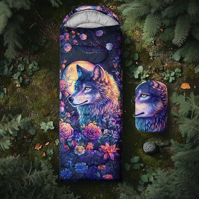 AILONEN Floral Wolf Sleeping Bag for Girls WomenWarm and Cool WeatherLightweightWaterproof BackpackingColorful Flower Animal Print Sleeping Bag for Camping