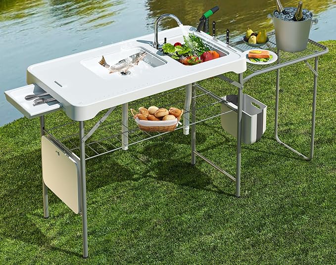 42.5 Fish Cleaning Table with Dual Sink Portable Folding Camping Table with Foldable Extension Stand Faucet Sprayer Grid Rack Hose Hook Up &amp Knife Groove Outdoor Sink Station for Picnic