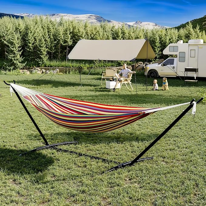 Premium 2-Person Hammock Set with Quick-Lock Steel Stand – Commercial-Grade Outdoor Lounger for Patio Camping &amp Backyard (500lb Capacity + Waterproof Carry Bag) Yellow Rainbow Stripes