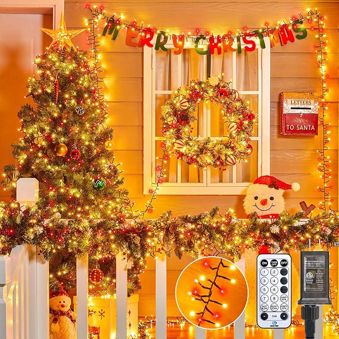 Christmas Cluster Lights Outdoor - 2000LED 100Ft Bright 8 Modes Timer Remote Waterproof Plug-in Fairy String for Tree Garland Window Xmas Decorations Red &amp Warm White