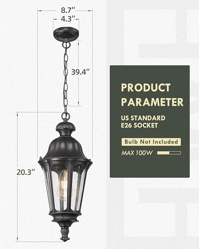 Outdoor Pendant Lights for Porch HWH 20'' Large Outdoor Chandelier for Gazebo with Seeded Glass Exterior Hanging Lantern Light Fixtures Matte Black Finish 5HW90H-M BK