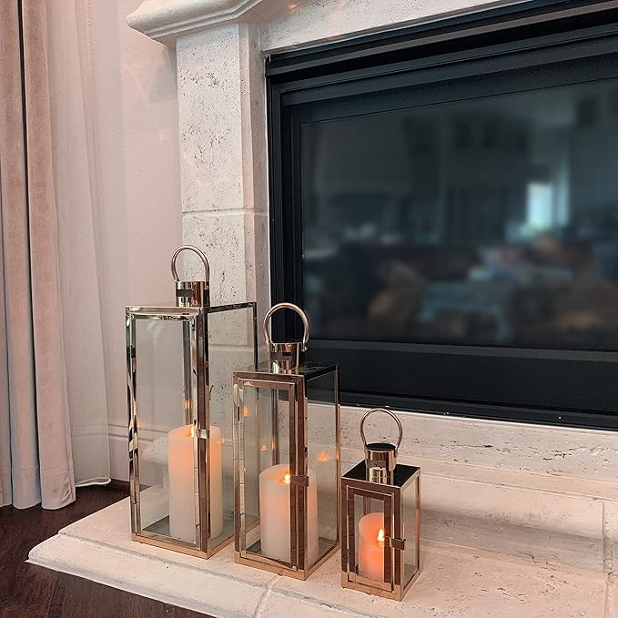 Allgala 3-PC Lantern Set 23 Inch Jumbo Deluxe Modern Indoor/Outdoor Candle Lantern Set Stainless Steel Frame Tempered Glass Rectangular Rose Gold for Garden Poolside Fireplace Wedding